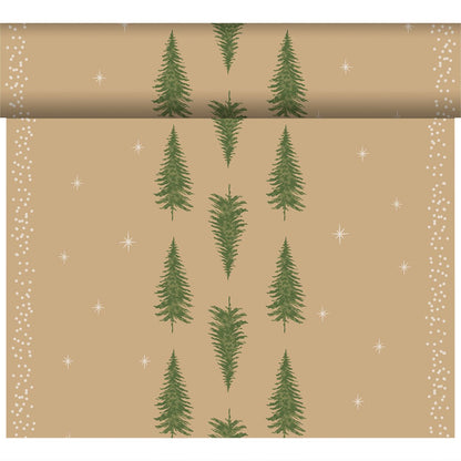 A roll of light brown wrapping paper with green evergreens, white dots, and stars - perfect for setting an eco-friendly table with the organic Dunicel-Tete a Tete 0.4x24m from Duni GmbH.