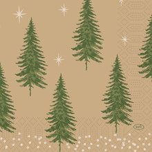 The Duni GmbH napkins 33x33 3-ply 1/4 Humble Trees feature green stylized trees with white stars and dots on beige, plus "DUNI" text at the bottom right. The package contains 250 pieces.