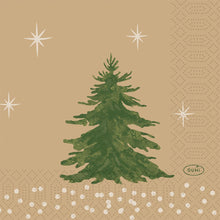 A green Christmas tree stands alone on a light brown background with white dots, stars, and a small DUNI logo. This festive design adorns the 24x24 3-ply 1/4 Humble Trees napkins by Duni GmbH - perfect for holidays. Package: 50 pieces.