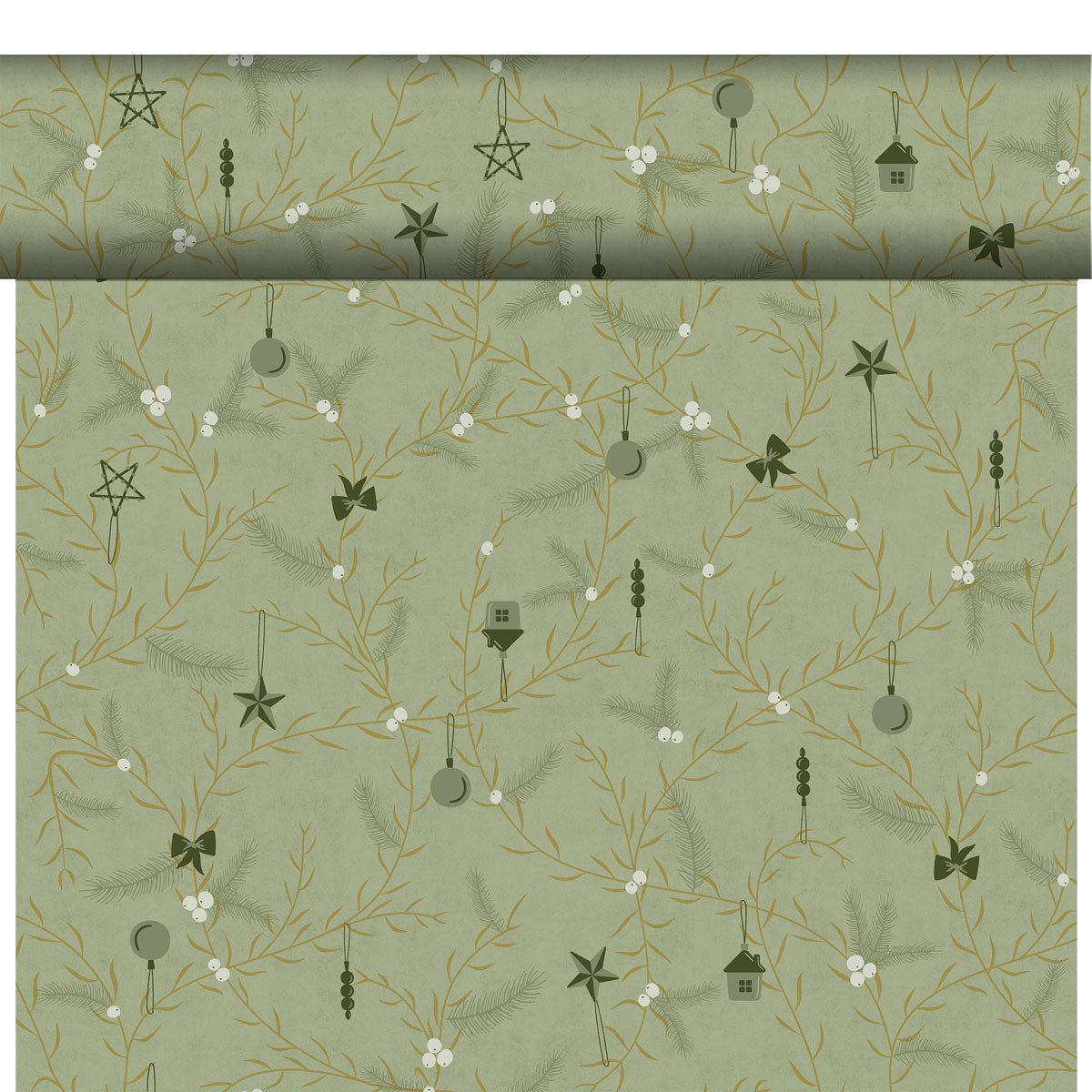 A roll of green wrapping paper with golden branches, white berries, pine needles, and ornaments - perfect to combine with the organic Dunicel-Tete a Tete 0.4x24m from Duni GmbH for an eco-friendly Christmas celebration.