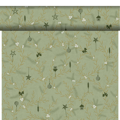 A roll of green wrapping paper with golden branches, white berries, pine needles, and ornaments - perfect to combine with the organic Dunicel-Tete a Tete 0.4x24m from Duni GmbH for an eco-friendly Christmas celebration.