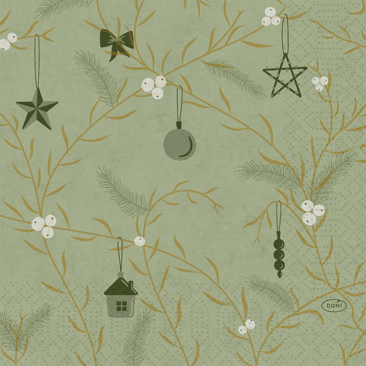 Duni napkins 1/4-fold "Noel" (33x33 cm, pistachio green) by Duni GmbH feature a green design with golden branches, white berries, stars, ribbons, a house, and ornaments for a festive table. Pack of 250 pieces.