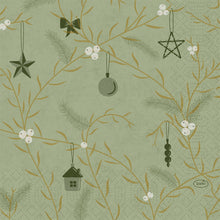 Duni napkins 1/4-fold "Noel" (33x33 cm, pistachio green) by Duni GmbH feature a green design with golden branches, white berries, stars, ribbons, a house, and ornaments for a festive table. Pack of 250 pieces.