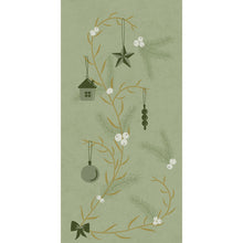 A vertical pattern of fir branches with white berries and green ornaments adorns the Duni GmbH Bio-Dunisoft napkins 40x40cm 1/8F and adds a festive touch to the covered green background.