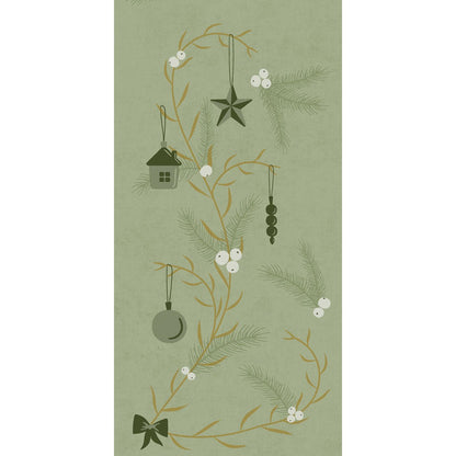 A vertical pattern of fir branches with white berries and green ornaments adorns the Duni GmbH Bio-Dunisoft napkins 40x40cm 1/8F and adds a festive touch to the covered green background.