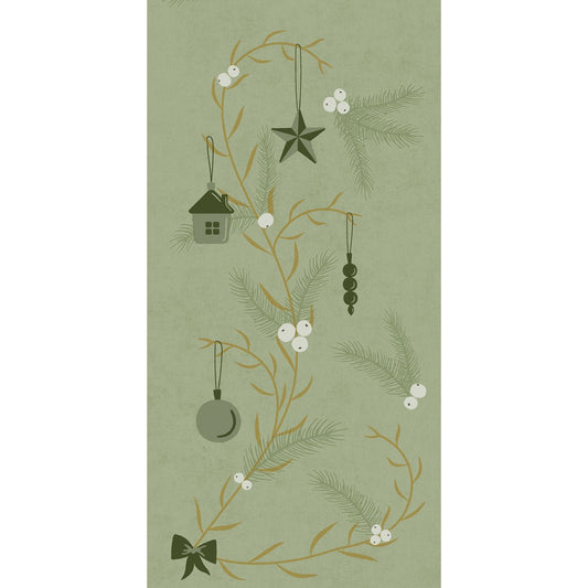 A vertical pattern of fir branches with white berries and green ornaments adorns the Duni GmbH Bio-Dunisoft napkins 40x40cm 1/8F and adds a festive touch to the covered green background.