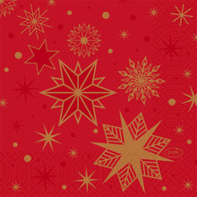 Red background with golden and dark red geometric stars and snowflakes, dotted and patterned accents - ideal for Duni napkins 1/4-fold, 3-ply, red (250 pieces) by Duni GmbH, perfect for stargazing events.