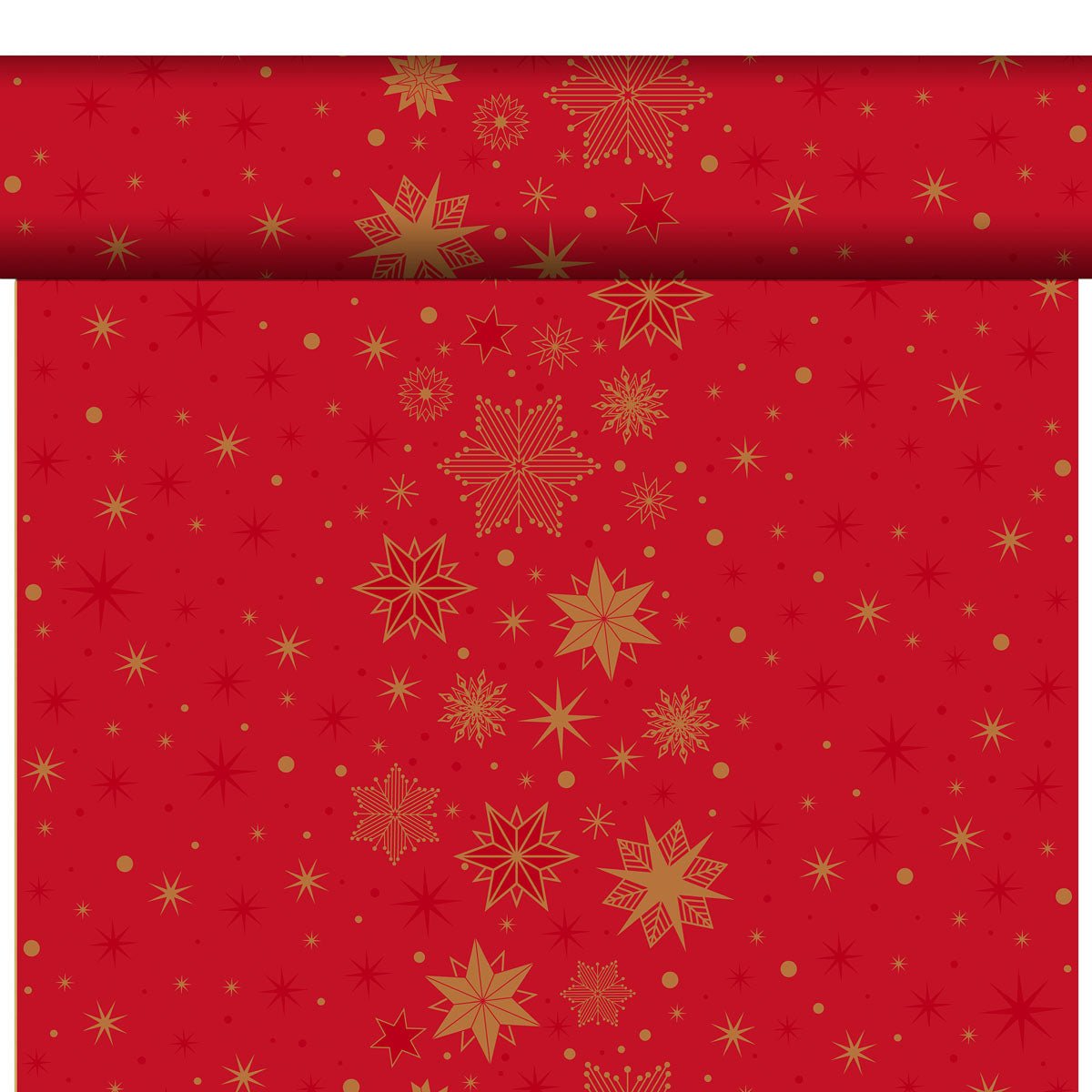 The organic Dunicel-Tete a Tete 0.4x24m from Duni GmbH features golden snowflakes and stars on red, ideal for a festive look or as an eco-friendly tablecloth for your sustainable table decoration.