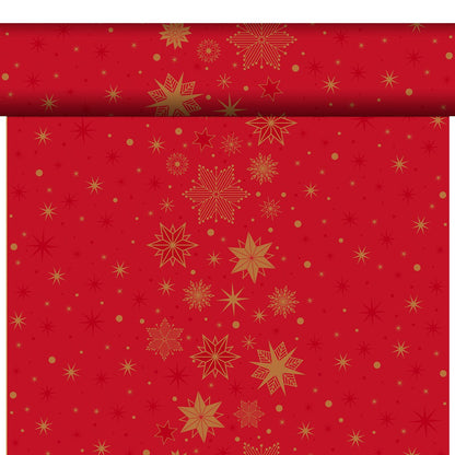 The organic Dunicel-Tete a Tete 0.4x24m from Duni GmbH features golden snowflakes and stars on red, ideal for a festive look or as an eco-friendly tablecloth for your sustainable table decoration.