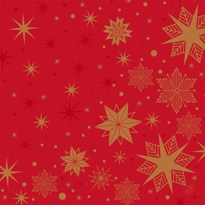 A bright red background with golden geometric snowflakes, stars, and small red dots creates a festive look - perfect for Dunilin napkins 40x40cm from Duni GmbH. Intricate patterns add elegance to any celebration.