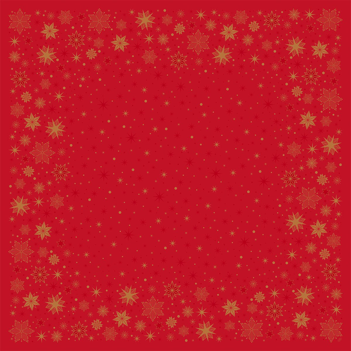 The Bio-Dunicel tablecloth 84x84 cm in red from Duni GmbH has a golden snowflake and star border with scattered golden stars, creating a festive look - perfect for stargazing events. Pack of 20 pieces.
