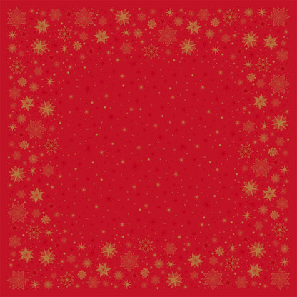 A red background with a golden snowflake and star border highlights your Dunisilk(Plus) tablecloth 84x84 from Duni GmbH. The mostly clear center with golden dots is ideal for festive, water-repellent table decoration.