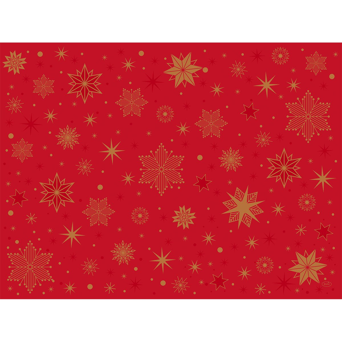 The Duni GmbH paper placemats 30x40 cm in Stargazing red feature golden snowflakes and stars for a festive atmosphere - ideal for celebrations, available in a pack of 250.