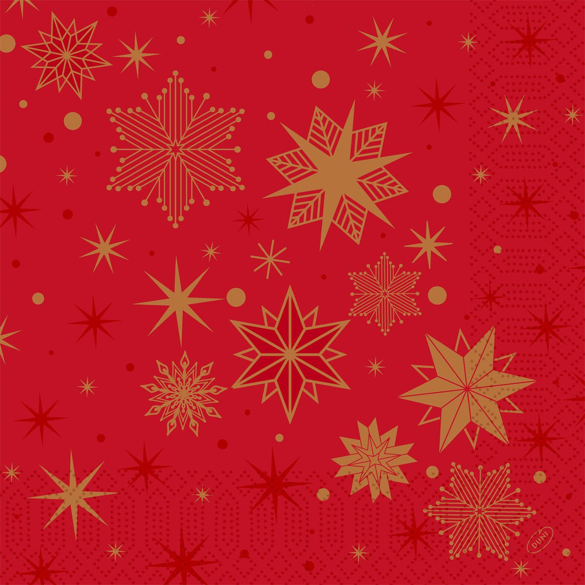 Duni GmbH Napkins 1/4-Fold, 40x40 cm in Red with "Stargazing" Design: Various golden stars and snowflakes adorn the background, complemented by golden and red dots. Elegant 3-ply napkins in a pack of 250.