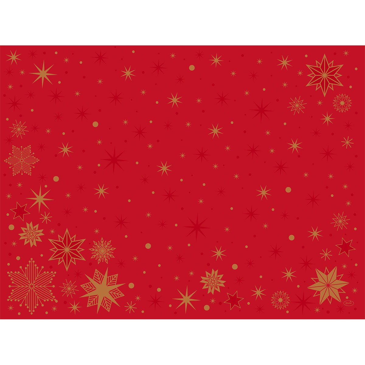 The Bio-Dunicel napkins 30x40 cm from Duni GmbH in red feature golden snowflakes and stars, perfectly distributed for a festive atmosphere - ideal for stargazing events. Pack of 100 pieces.