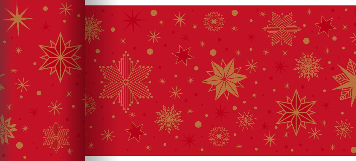 The Bio-DC table runner 0.15x20m Stargazing for celebrations by Duni GmbH is an eco-friendly red table runner decorated with golden and light red stars, snowflakes, and scattered golden dots in various sizes and designs.