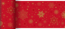 The Bio-DC table runner 0.15x20m Stargazing for celebrations by Duni GmbH is an eco-friendly red table runner decorated with golden and light red stars, snowflakes, and scattered golden dots in various sizes and designs.