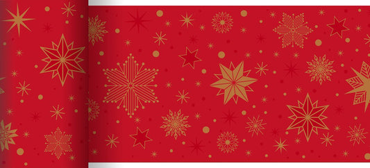 The Bio-DC table runner 0.15x20m Stargazing for celebrations by Duni GmbH is an eco-friendly red table runner decorated with golden and light red stars, snowflakes, and scattered golden dots in various sizes and designs.