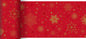 The Bio-DC table runner 0.15x20m Stargazing for celebrations by Duni GmbH is an eco-friendly red table runner decorated with golden and light red stars, snowflakes, and scattered golden dots in various sizes and designs.