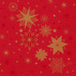 The Duni GmbH napkins 1/4-fold, 33x33 cm in red "Stargazing" have a red background with golden stars, snowflakes, dots, and geometric patterns - ideal for festive occasions. Pack of 250 pieces.