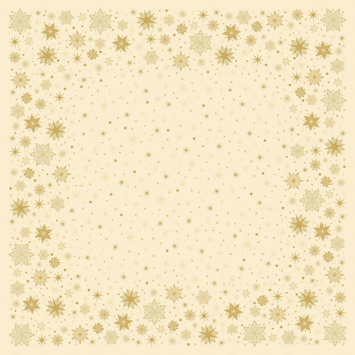 The Bio-Dunicel tablecloth 84x84cm Stargazing cream by Duni GmbH features a square border of golden snowflakes and dots on a cream background, ideal for those seeking an eco-friendly table decoration with a mostly empty center.