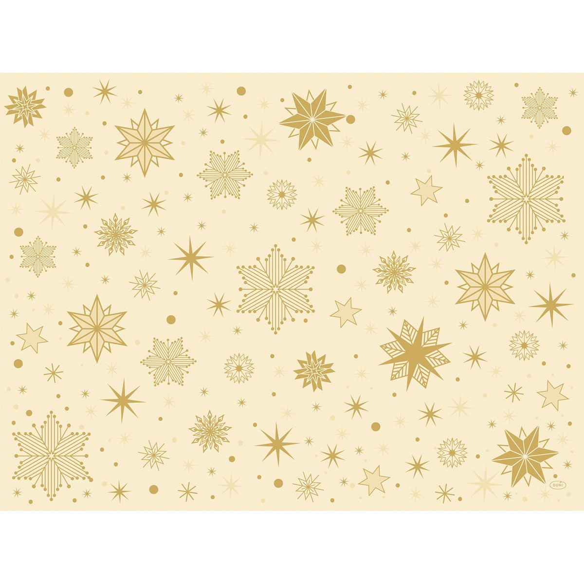 The Duni GmbH paper placemats 30x40cm Stargazing cream have a beige background with golden stars and snowflakes in various sizes and styles, evenly scattered for a celestial design. Pack of 250 pieces.