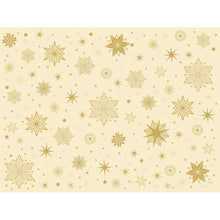 The Duni GmbH paper placemats 30x40cm Stargazing cream have a beige background with golden stars and snowflakes in various sizes and styles, evenly scattered for a celestial design. Pack of 250 pieces.