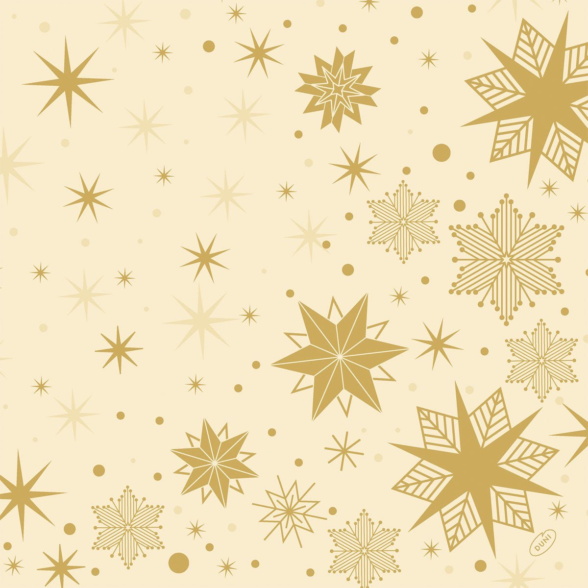 A pattern of golden stars and snowflakes in various sizes adorns a light beige background on Dunilin napkins 40x40cm from Duni GmbH. Some stars have solid lines, others dotted or geometric patterns - ideal for high-quality napkins.