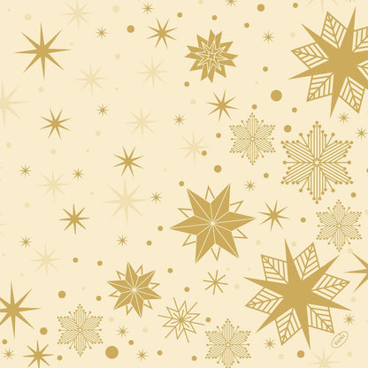 A pattern of golden stars and snowflakes in various sizes adorns a light beige background on Dunilin napkins 40x40cm from Duni GmbH. Some stars have solid lines, others dotted or geometric patterns - ideal for high-quality napkins.