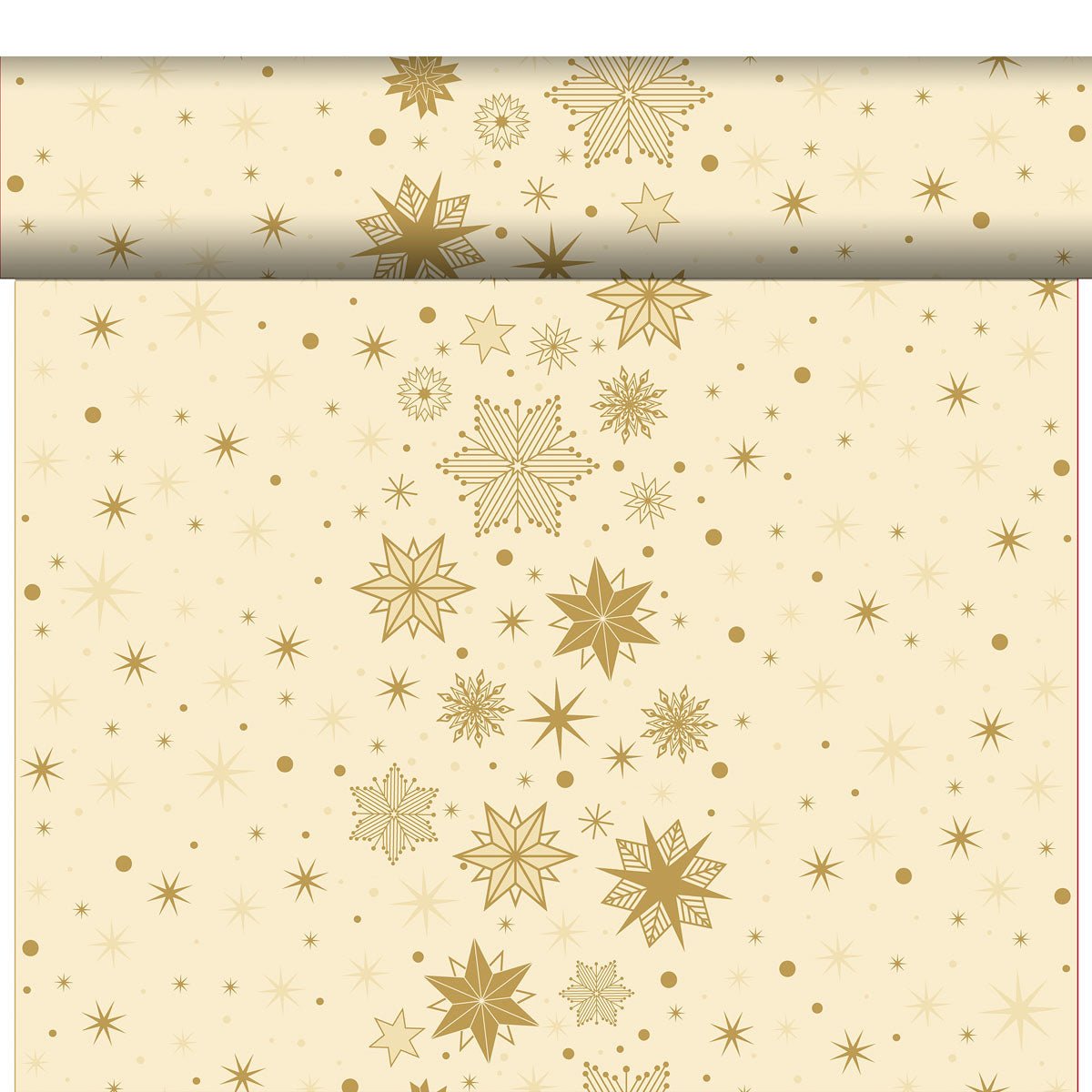 The organic Dunicel-Tete a Tete 0.4x24m from Duni GmbH is a cream-colored, eco-friendly paper with golden snowflakes, stars, and dots - ideal for sustainable table decoration. Partially unrolled, it unfolds its festive charm.