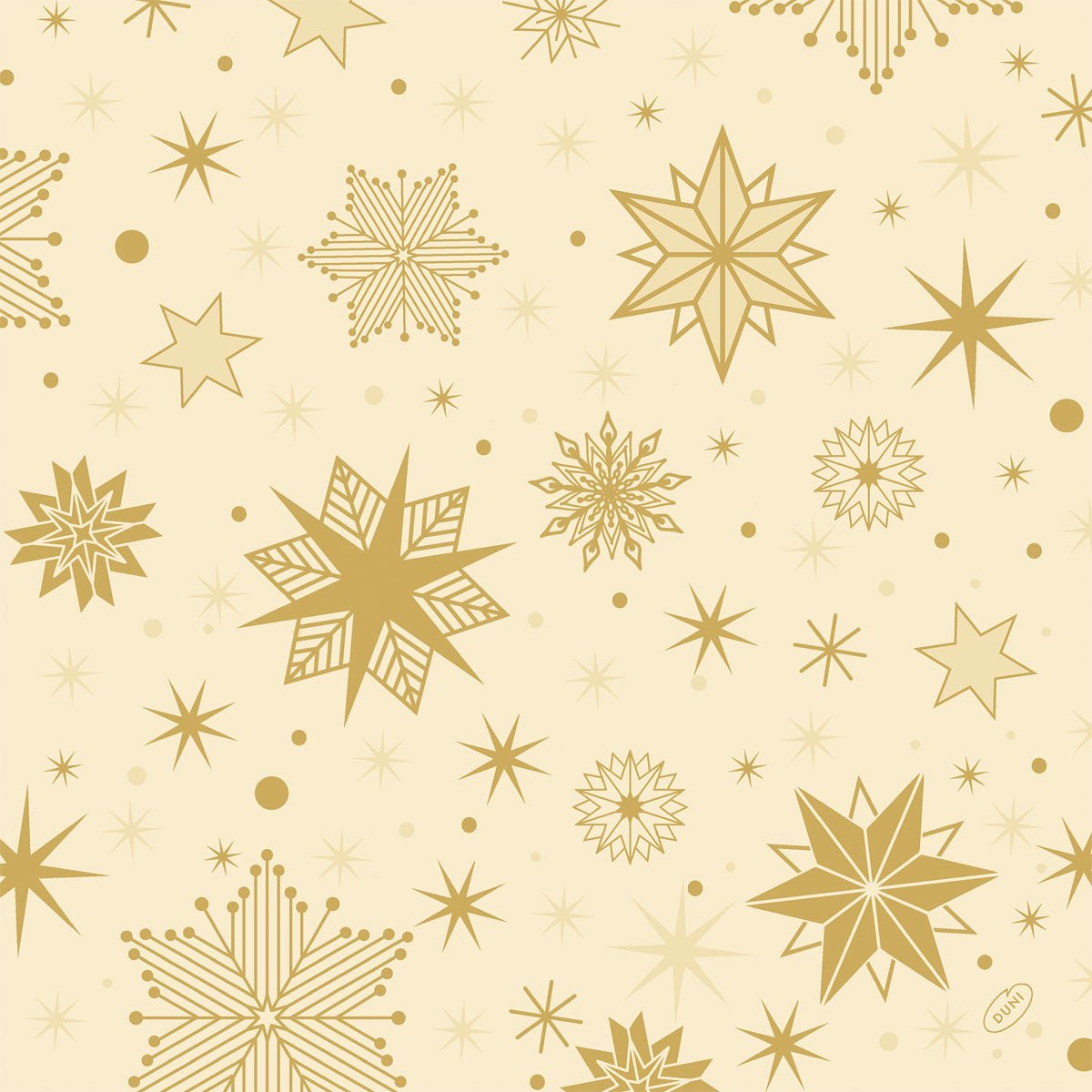 The Duni GmbH napkins 40x40 4-ply Classic Stargazing cream (pack of 50 pieces) feature golden geometric constellations and snowflakes on a light beige background - ideal for adding festive elegance to any celebration.