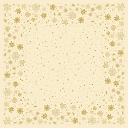 The Dunisilk(Plus) tablecloth 84x84 from Duni GmbH with a beige, square background, a border of golden snowflakes and dots, and scattered golden stars is an elegant, water-repellent table decoration with an empty center.