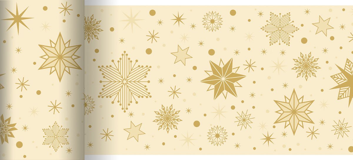 The Bio-DC table runner 0.15x20m Stargazing by Duni GmbH is an eco-friendly, biodegradable table runner in beige with golden snowflakes, stars, and dots - perfect for festive, sustainable celebrations.