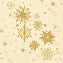 Bring elegance to your table with the 33x33 3-ply 1/4 Stargazing cream napkins (pack of 50) from Duni GmbH, featuring golden geometric stars and dots on a beige background with a subtle grid and dot pattern.