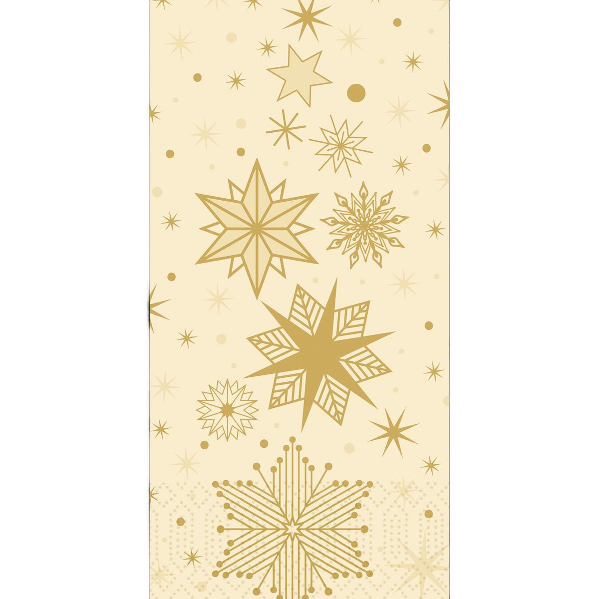 The napkins 40x40 3-ply 1/8 Stargazing cream from Duni GmbH have a beige background with various golden snowflakes and small stars in a repeating pattern. The package contains 250 napkins.