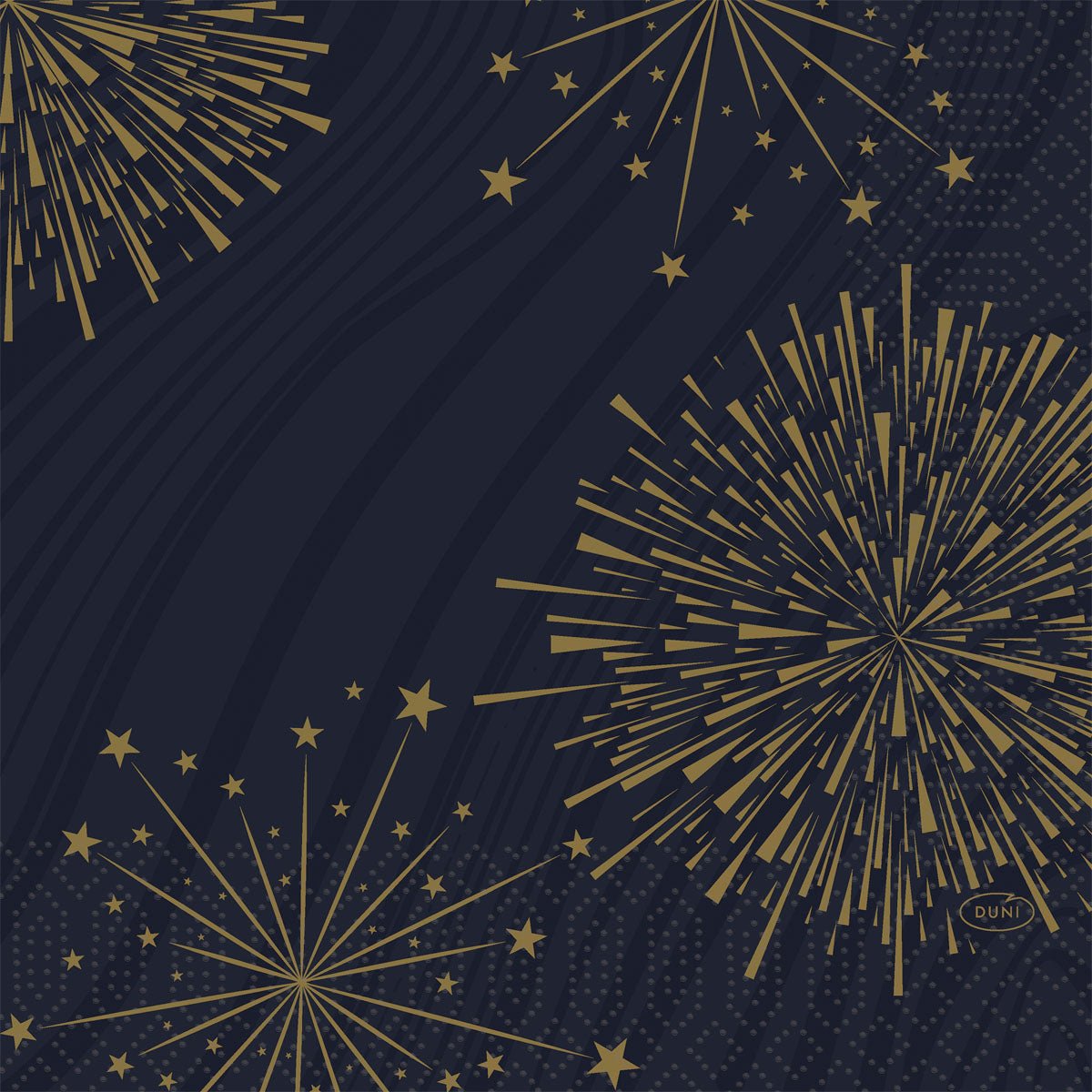 With a dark blue background featuring golden fireworks and stars, these festive Duni GmbH napkins 33x33 3-ply 1/4 Sparkly black (pack of 50 pieces) add a festive touch to any event. Perfect for stylish and modern table settings.