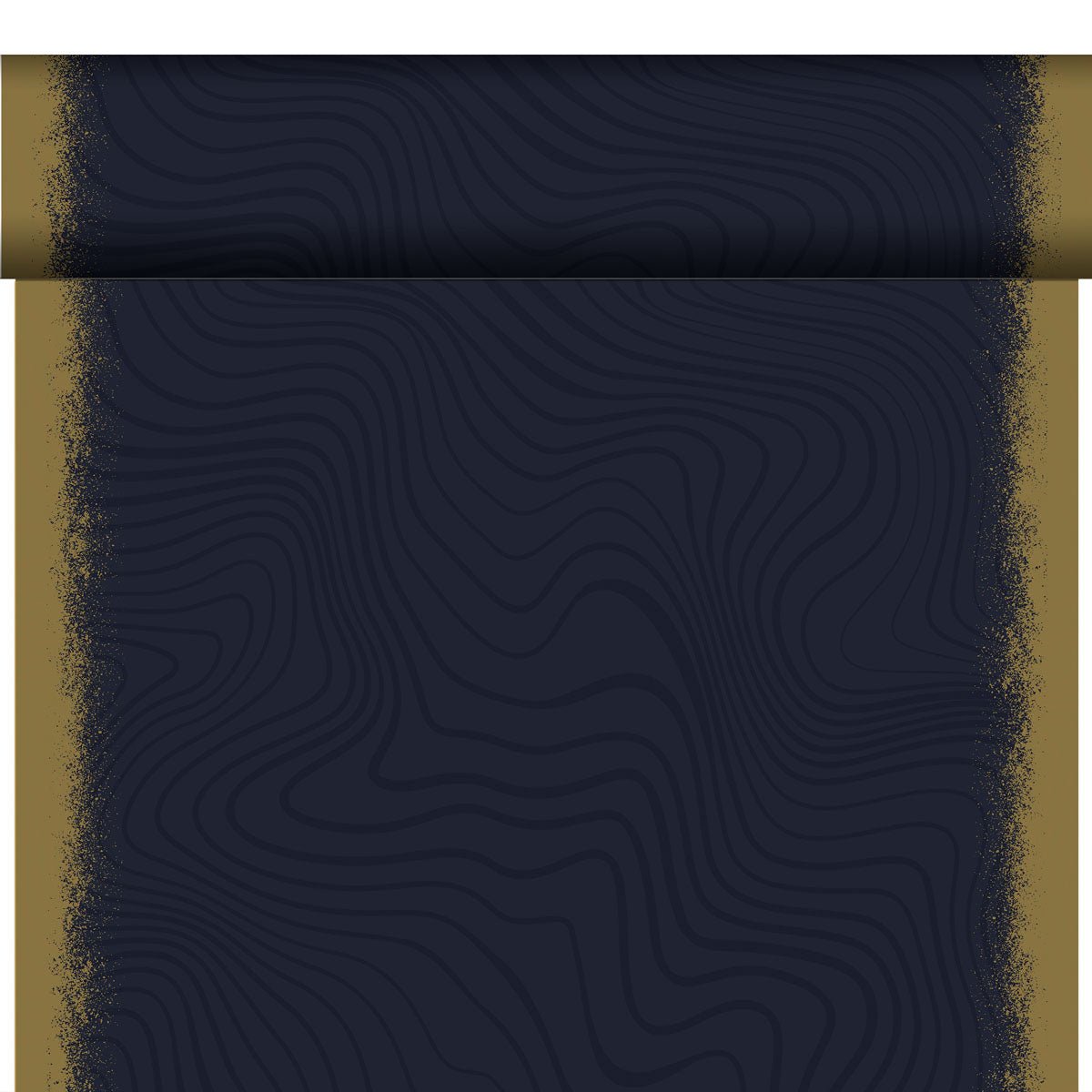 The organic Dunicel-Tete a Tete 0.4x24m from Duni GmbH is a dark blue scroll with golden edges and subtle wave lines, partially unrolled and lying on a white background - like an eco-friendly tablecloth.