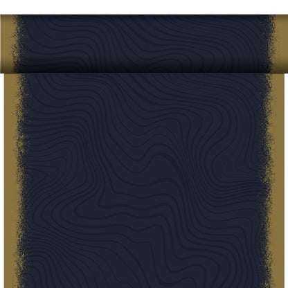 The organic Dunicel-Tete a Tete 0.4x24m from Duni GmbH is a dark blue scroll with golden edges and subtle wave lines, partially unrolled and lying on a white background - like an eco-friendly tablecloth.