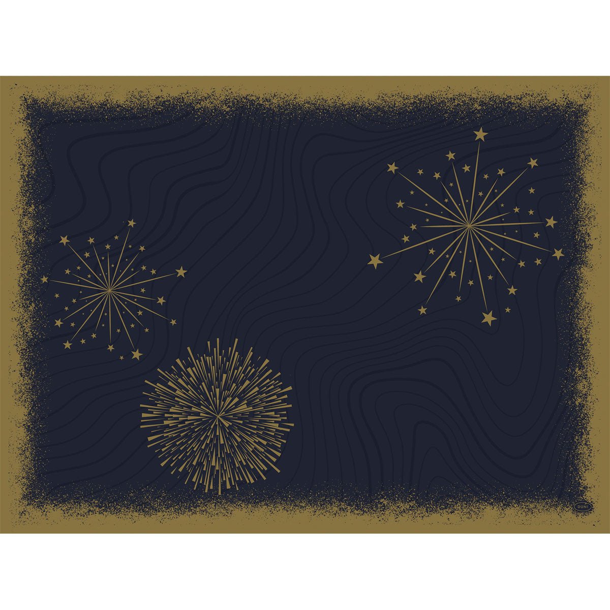 A dark blue background with abstract fireworks and star patterns in gold, framed by a textured gold frame. Inspired by the Bio-Dunicel sets 30x40 Sparkly black (100 pieces) by Duni GmbH, perfect for an elegantly set festive table.