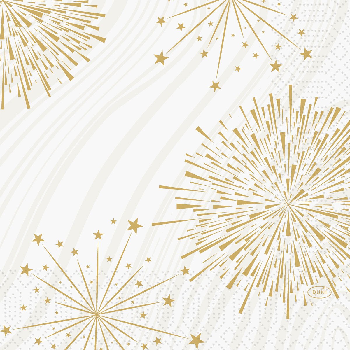 Golden fireworks and starbursts sparkle on these Duni GmbH napkins 33x33 3-ply, adding a festive touch to any event. The sparkly white 1/4-fold napkins (pack: 50 pieces) are perfect for stylish celebrations.