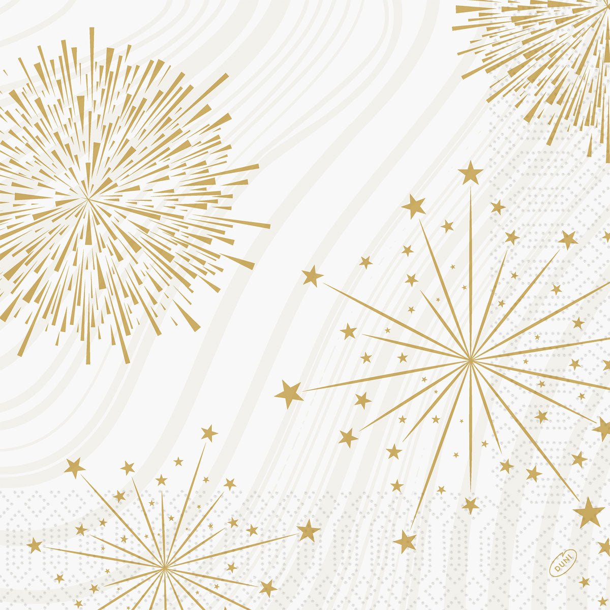 Add elegance to any celebration with the Duni GmbH napkins 40x40 3-ply 1/4 Sparkly white. These 250 napkins with gold stars and fireworks on a white background bring a festive style to your table.