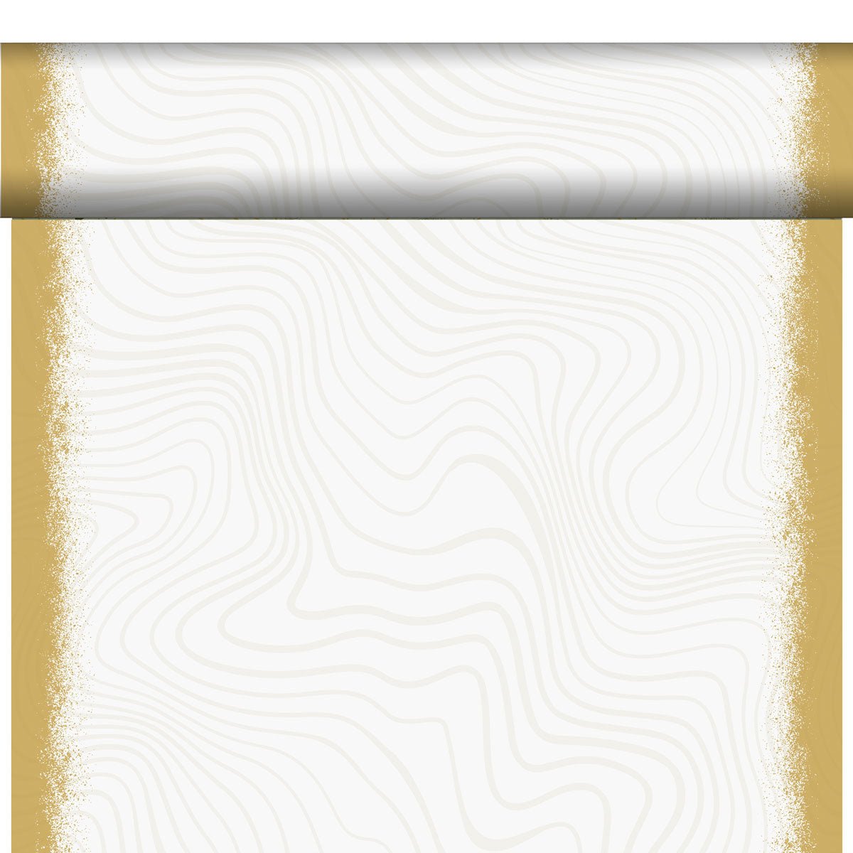 An empty vertical scroll with golden, textured edges and a white central area with light wave lines - perfect as inspiration for eco-friendly tablecloths like the organic Dunicel-Tete a Tete 0.4x24m from Duni GmbH.