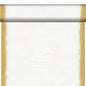 An empty vertical scroll with golden, textured edges and a white central area with light wave lines - perfect as inspiration for eco-friendly tablecloths like the organic Dunicel-Tete a Tete 0.4x24m from Duni GmbH.