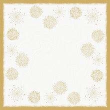 The Bio-Dunicel tablecloth 84x84cm Sparkly white from Duni GmbH has a square white background with a textured golden border and star patterns on the edges, as well as wave lines in the middle - perfect for an environmentally friendly table setting. Pack (20 pieces).