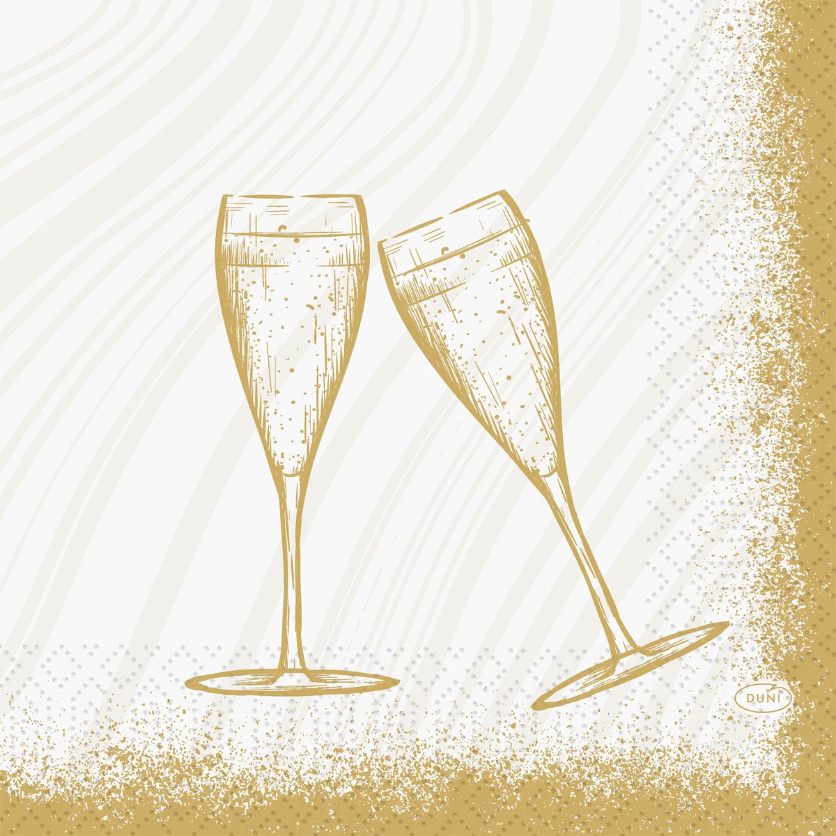 A simple golden line drawing of two champagne glasses on white with gold speckles - ideal for Duni GmbH napkins 33 3-ply 1/4 Sparkly Cheers white (50 pieces) for stylish parties or celebrations.