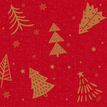 The Duni GmbH napkins 40x40 cm 4-ply Classic Shimmer Trees have a red background with a grid, golden shimmering trees, holly, stars, and snowflakes - a festive choice for your Christmas table. The pack contains 50 napkins.