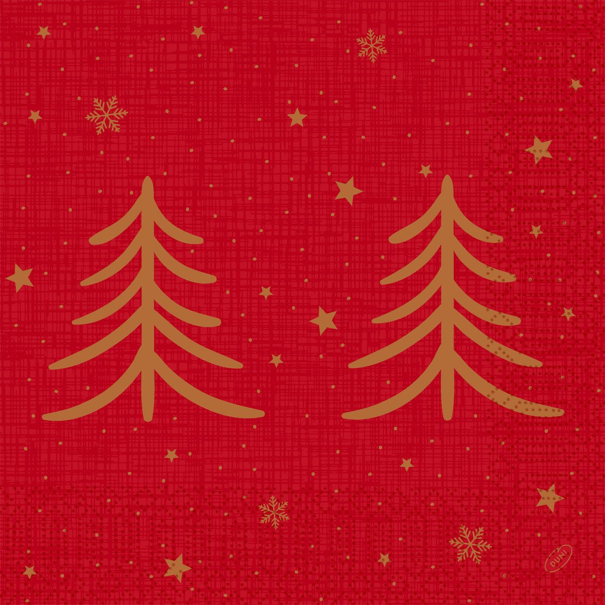 The napkins 40x40 3-ply 1/4 Shimmer Trees (pack, 250 pieces) by Duni GmbH feature two gold shimmering trees on a red patterned background with golden stars and snowflakes - ideal for adding elegance to any festive table.