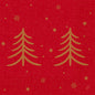 The napkins 40x40 3-ply 1/4 Shimmer Trees (pack, 250 pieces) by Duni GmbH feature two gold shimmering trees on a red patterned background with golden stars and snowflakes - ideal for adding elegance to any festive table.