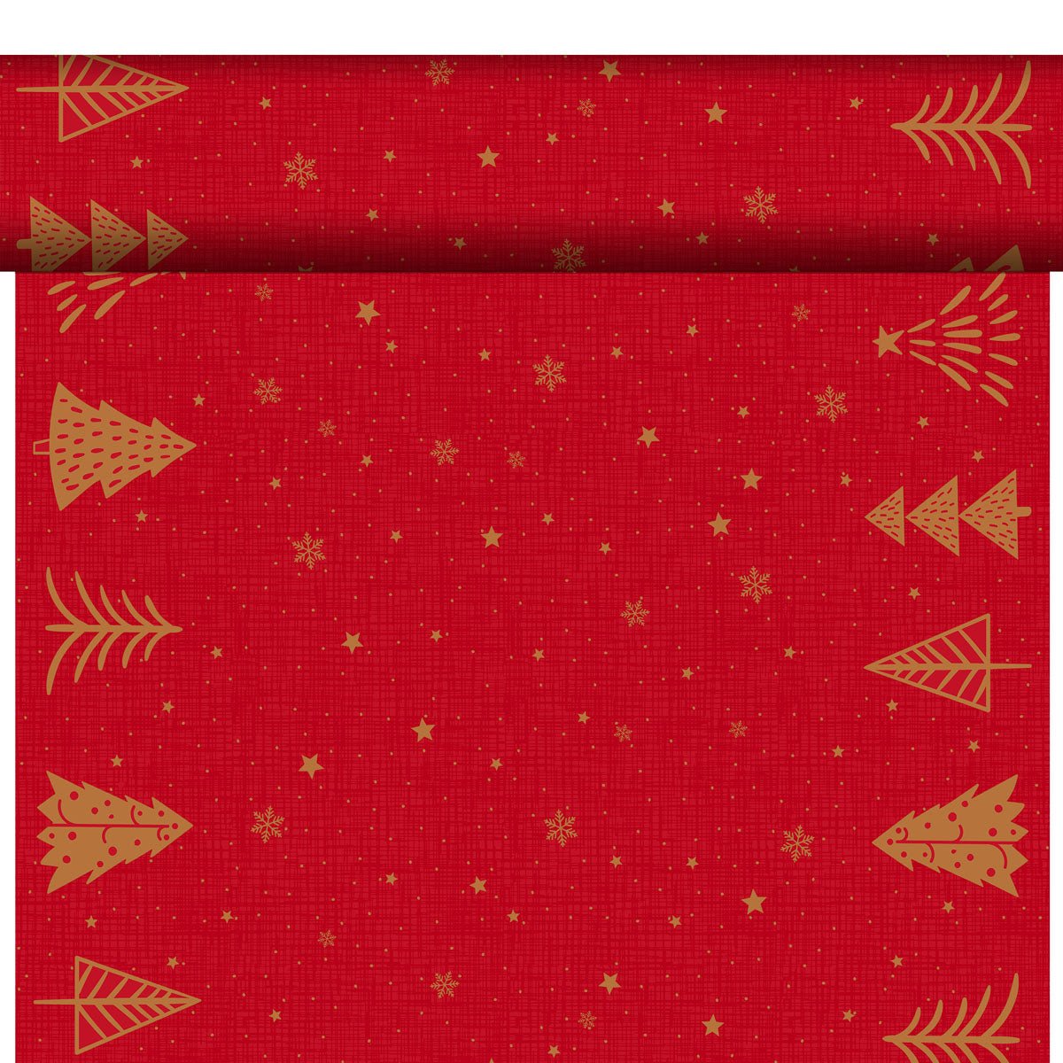 A roll of red wrapping paper with golden stylized Christmas trees, stars, and snowflakes perfectly matches the Duni GmbH organic Dunicel-Tete a Tete 0.4x24m for a festive and sustainable table decoration.