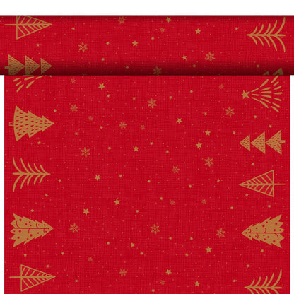 A roll of red wrapping paper with golden stylized Christmas trees, stars, and snowflakes perfectly matches the Duni GmbH organic Dunicel-Tete a Tete 0.4x24m for a festive and sustainable table decoration.